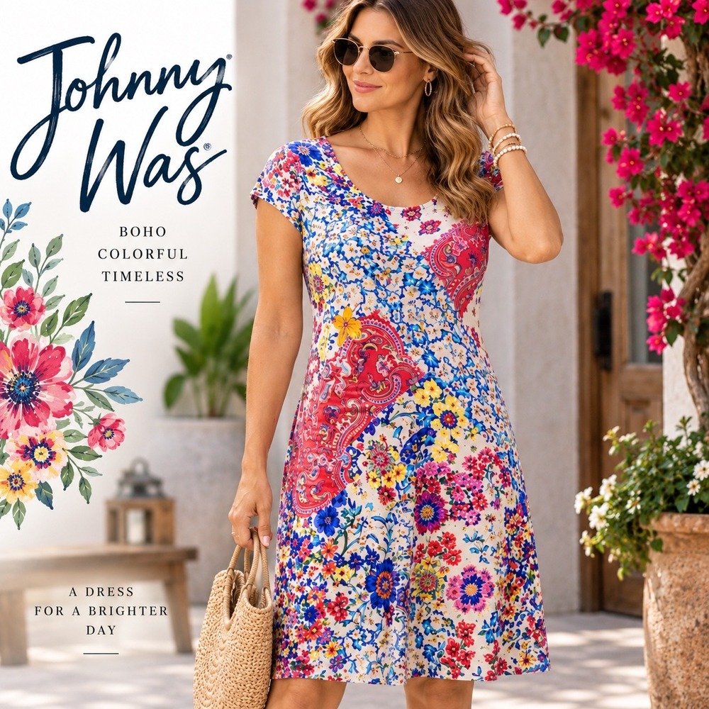 JOHNNY WAS A-Line Floral Patchwork Midi Dress Sz S Multicolor Boho Short Sleeve